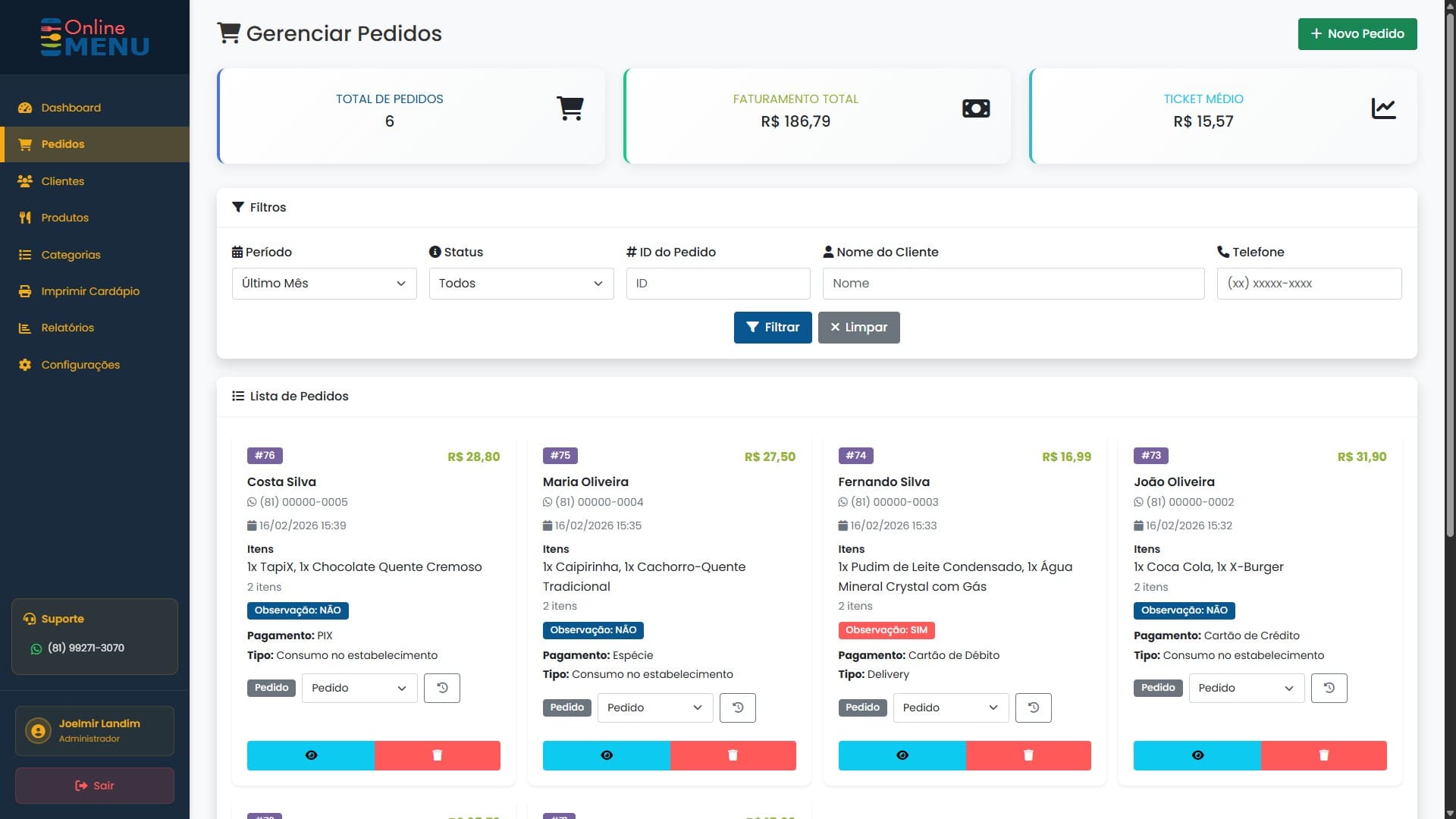 Painel admin — gerenciamento de pedidos
