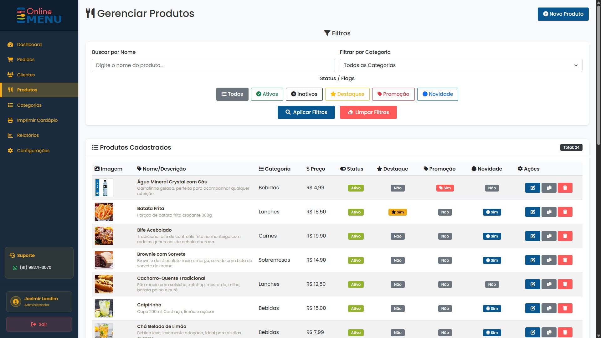 Painel admin — cadastro de produtos