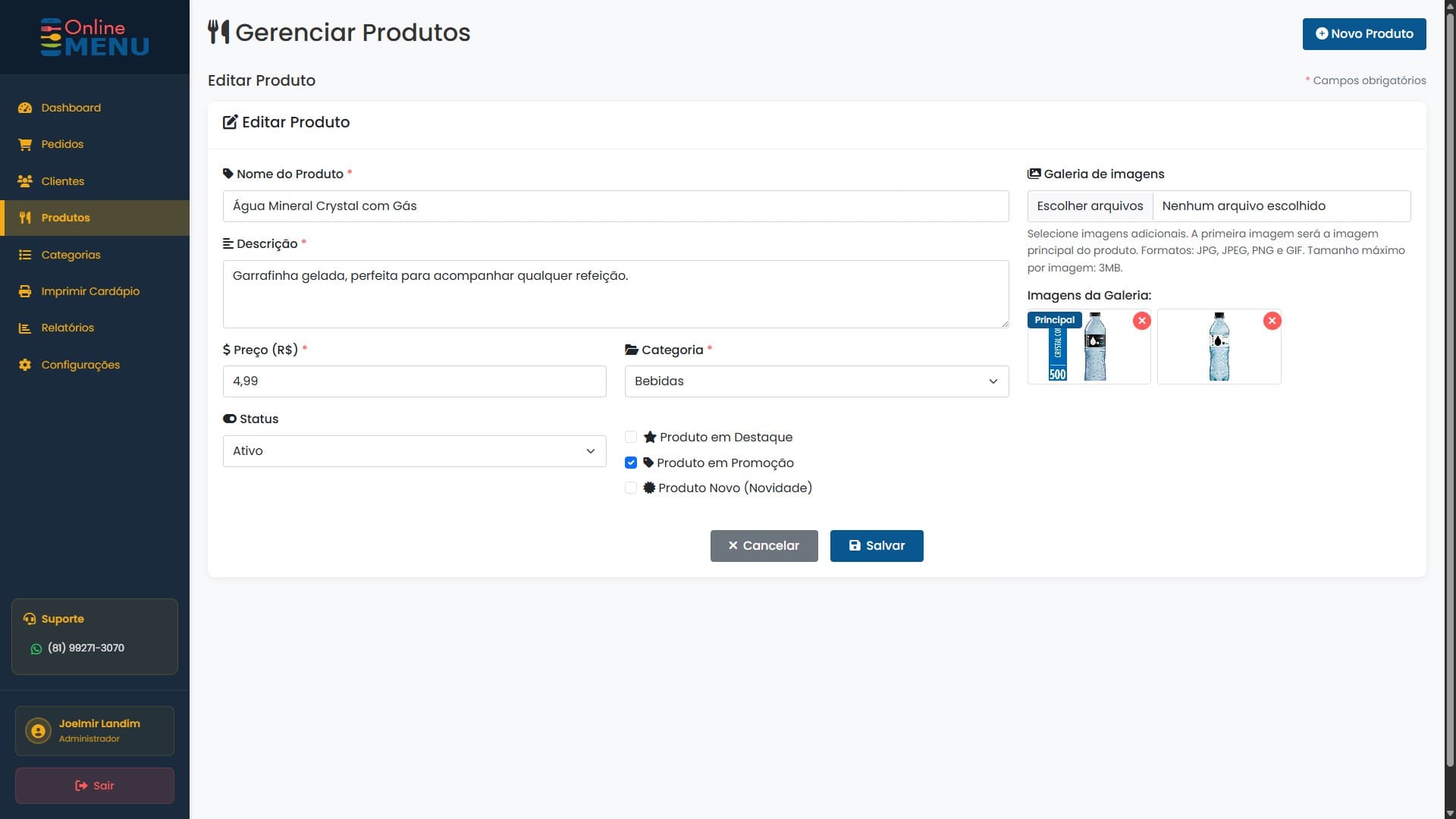 Painel admin — gerenciamento de categorias