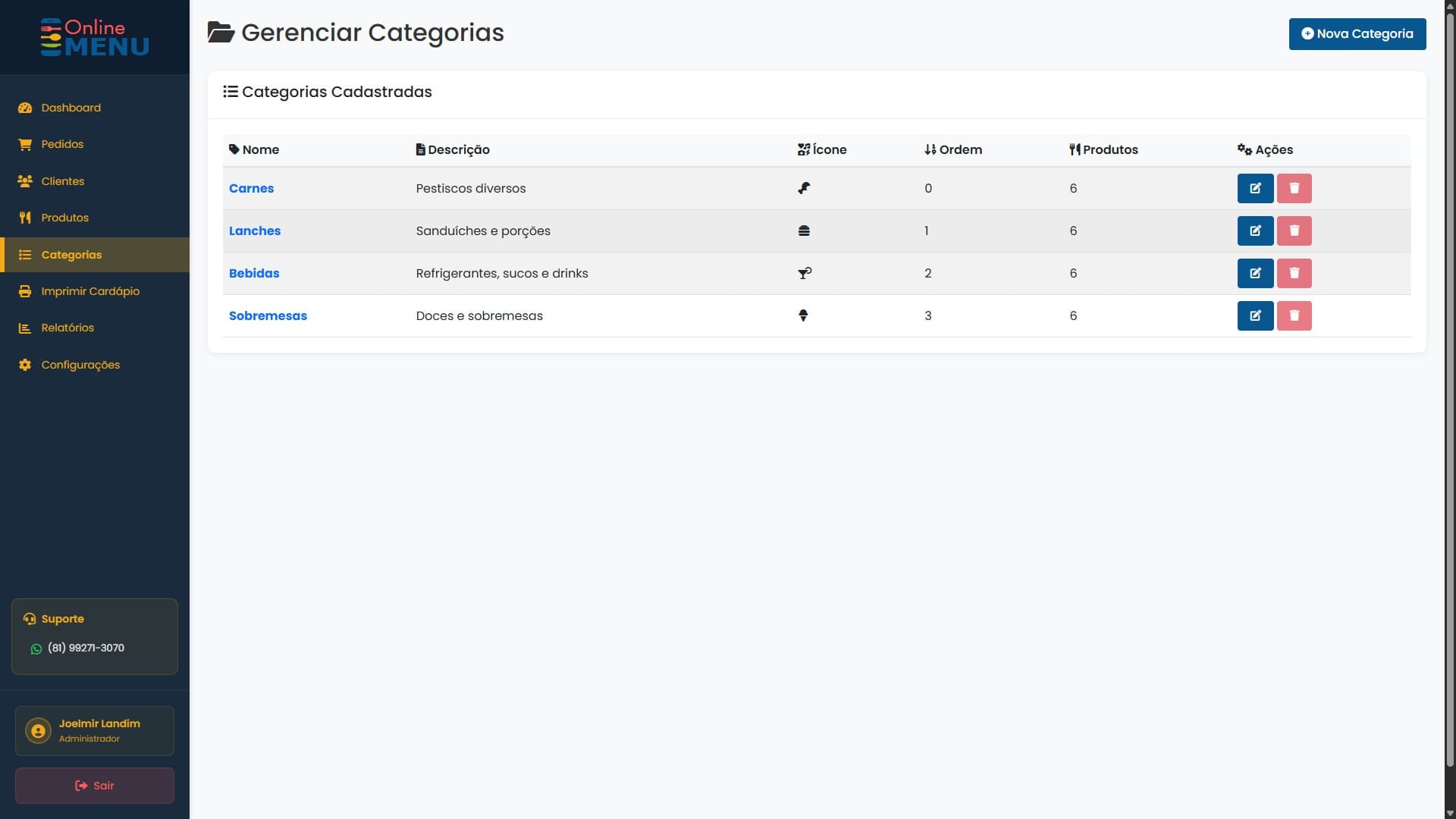 Painel admin — gerar catálogo