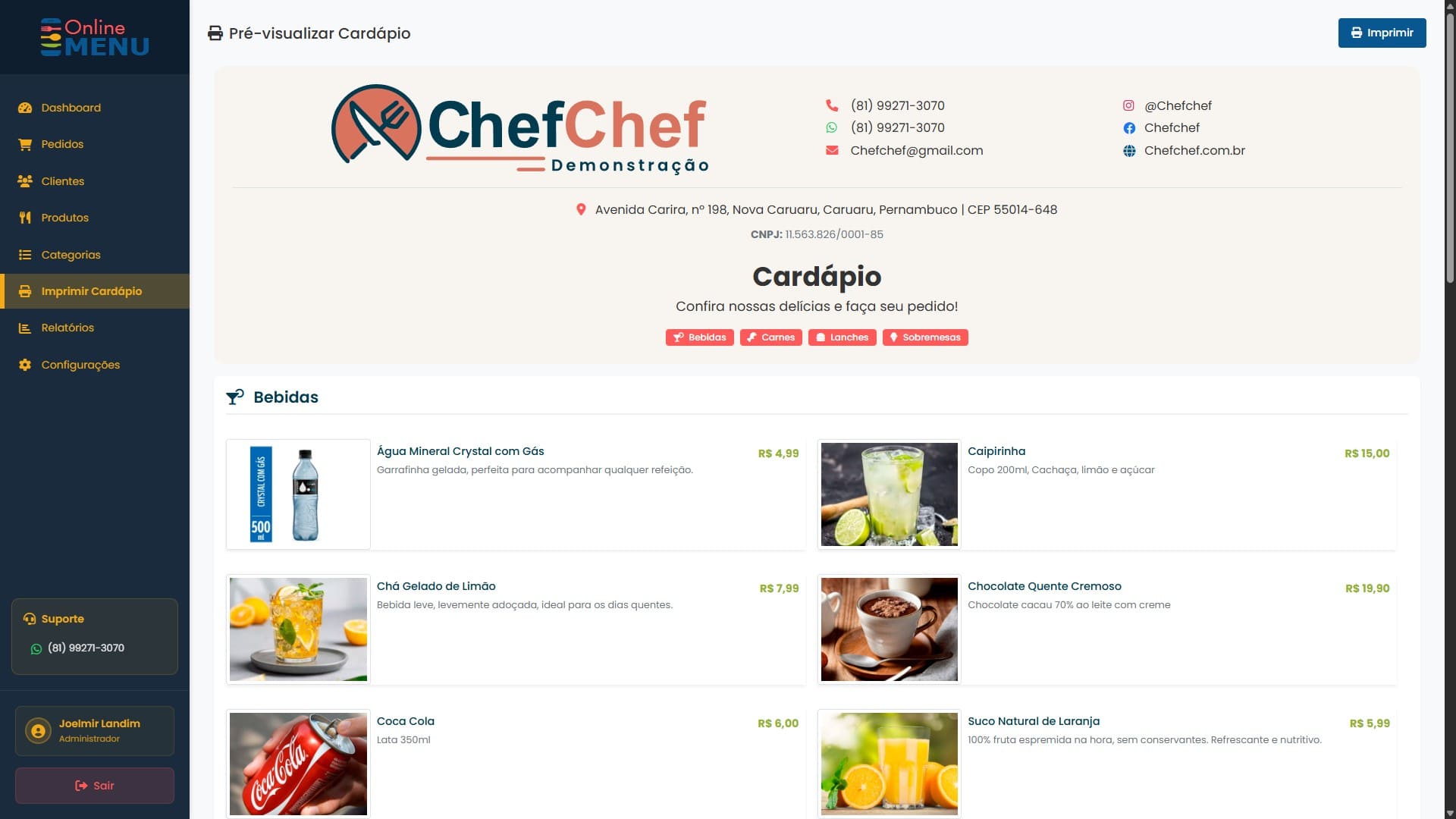 Painel admin — impressão do catálogo