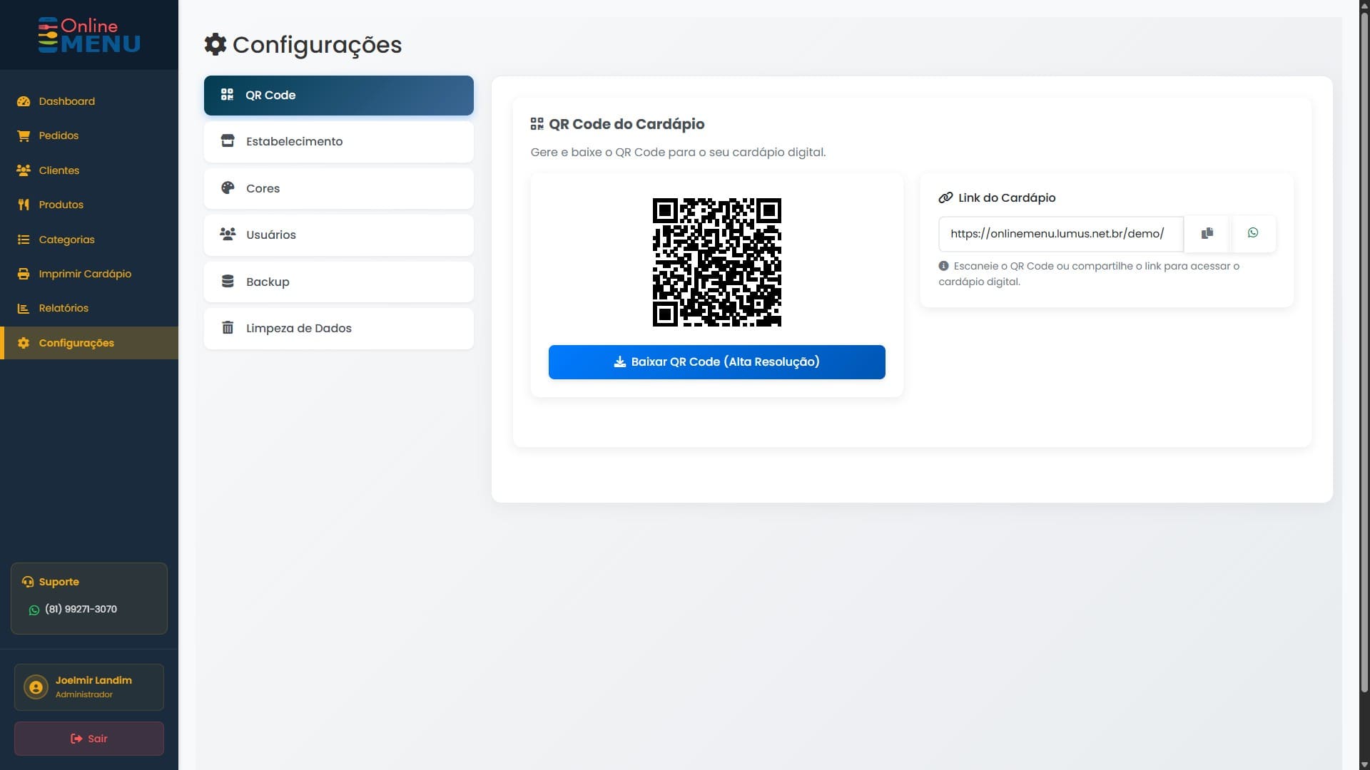 Painel admin — QR Code